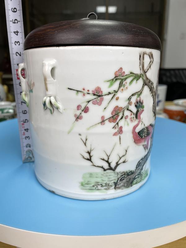 古玩陶瓷清道光 精品粉彩花鳥紋 竹節形大蓋缸拍賣,當前價格2600元