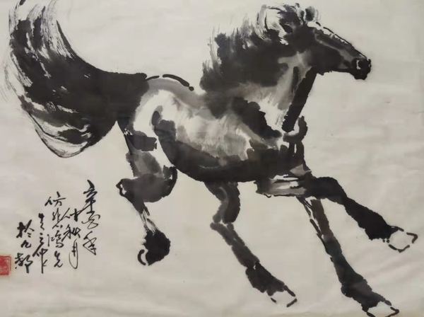 古玩字畫老中美協(xié)趙久長奔馬帶實(shí)木相框拍賣，當(dāng)前價(jià)格1288元