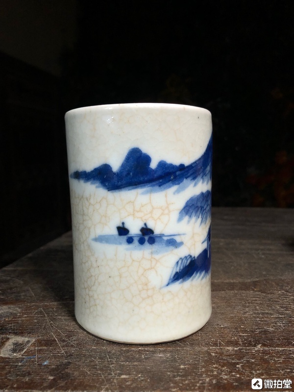 古玩陶瓷哥釉青花山水人物紋筆筒拍賣,當前價格999元