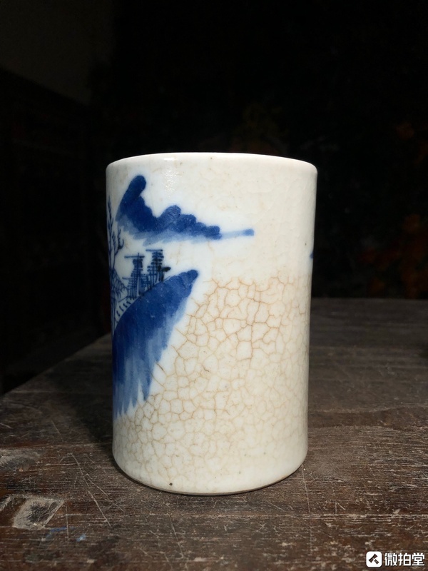 古玩陶瓷哥釉青花山水人物紋筆筒拍賣,當前價格999元
