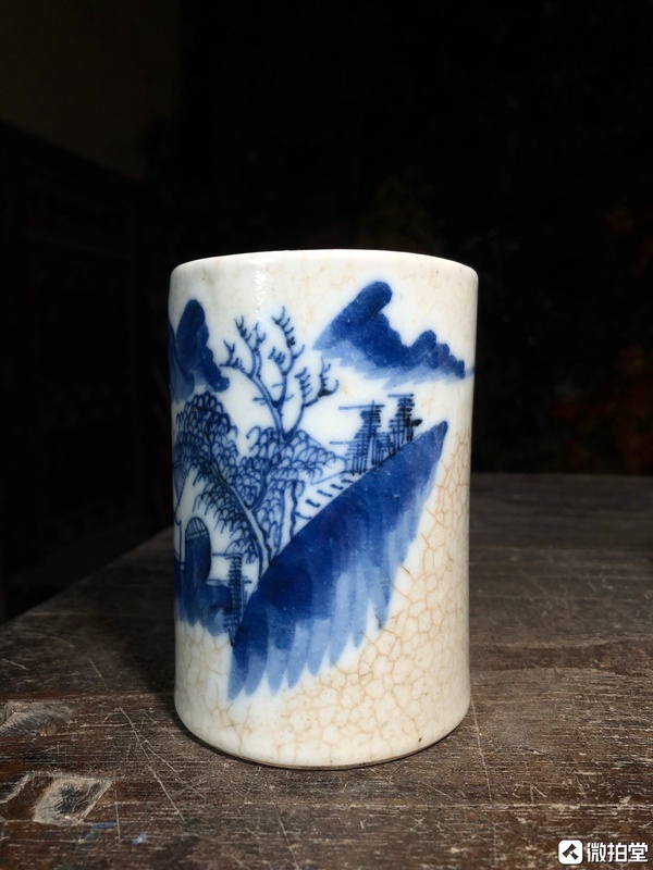 古玩陶瓷哥釉青花山水人物紋筆筒拍賣,當前價格999元
