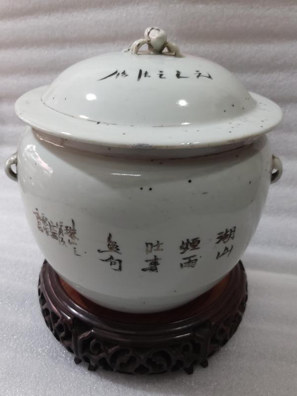 古玩陶瓷胭脂紅山水詩文四系粥罐拍賣,當前價格1980元