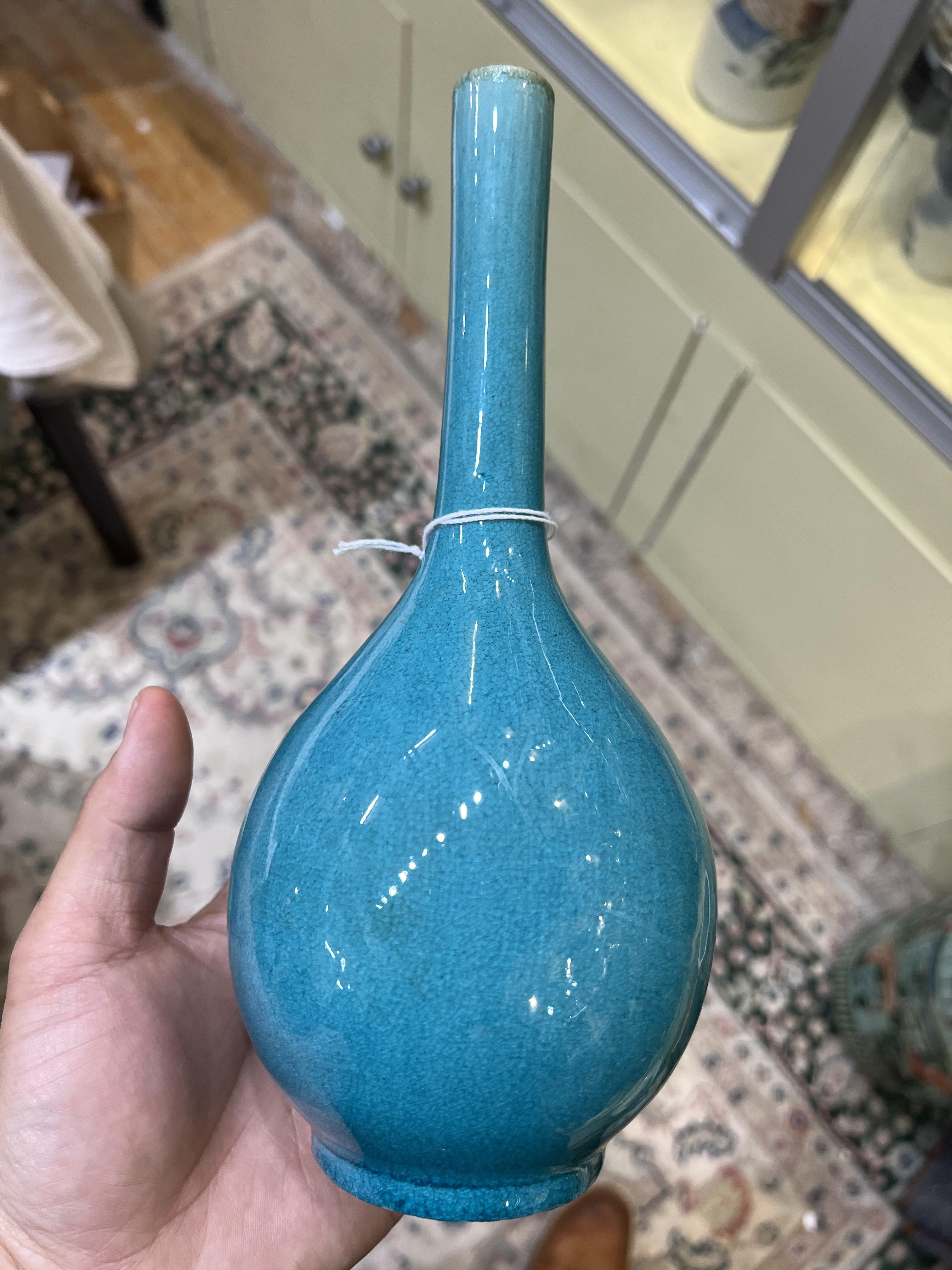 EC181 時代物 孔雀藍釉八卦紋琮式瓶 高11.7cm 重228g 清代・孔雀