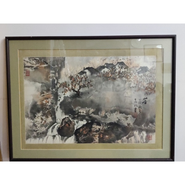 古玩字画著名画家高明老师山居图（带实木原框)拍卖，当前价格1350元