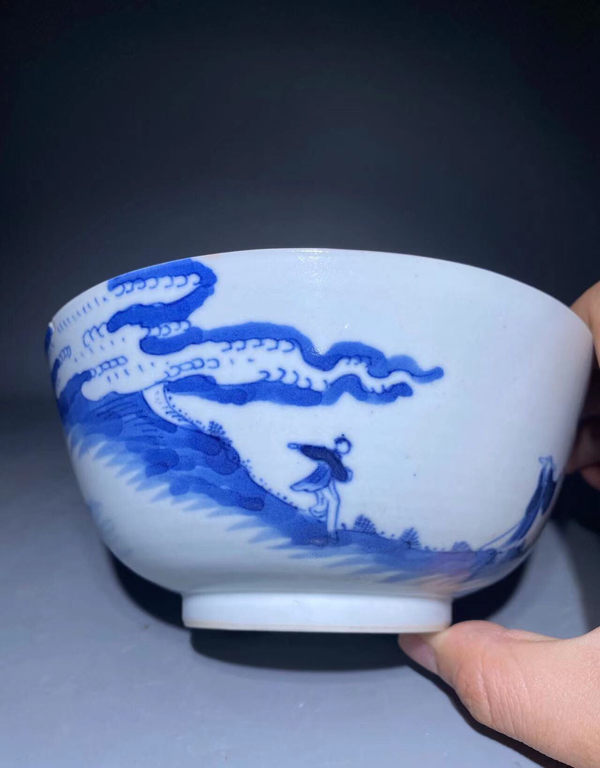 古玩陶瓷若深珍藏款松下問童子青花碗拍賣,當前價格5888元