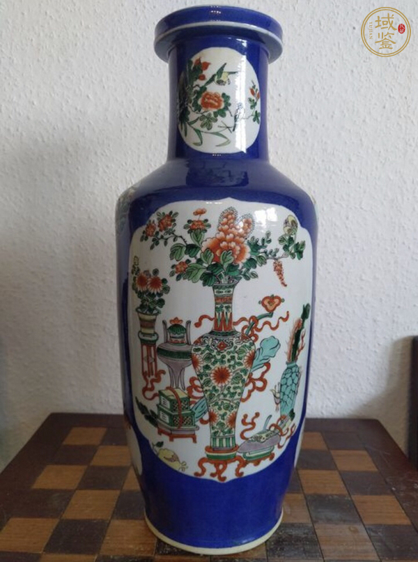 古玩瓷器撒藍(lán)開(kāi)窗五彩棒槌瓶真品鑒賞圖