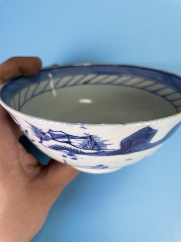 古玩陶瓷清中期 樓臺亭閣山水紋青花碗拍賣,當前價格660元
