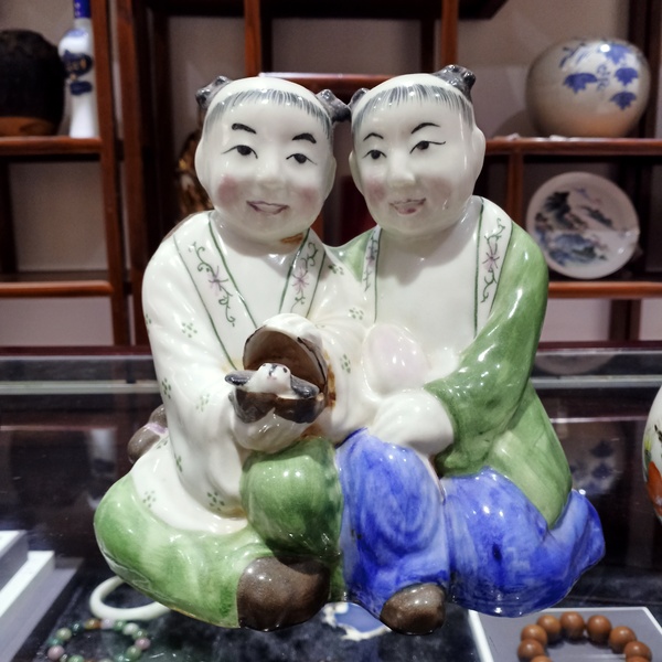 古玩陶瓷民國醴陵窯釉下五彩和合二仙塑像拍賣,當前價格666元