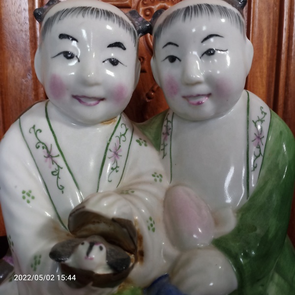 古玩陶瓷民國醴陵窯釉下五彩和合二仙塑像拍賣,當前價格666元