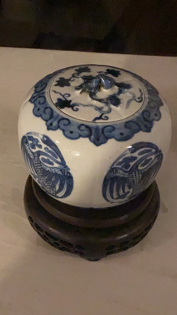 古玩陶瓷青花團(tuán)鶴蓋罐一對(duì)拍賣，當(dāng)前價(jià)格13500元