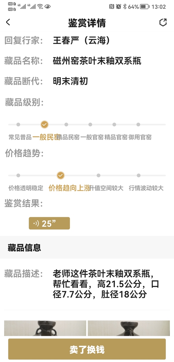 古玩陶瓷磁州窯茶葉末釉雙系瓶拍賣，當(dāng)前價(jià)格680元