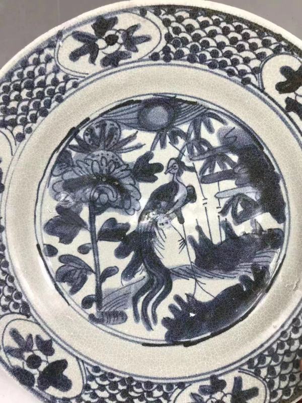 古玩陶瓷明代鳳凰牡丹紋青花大盤拍賣,當前價格3000元