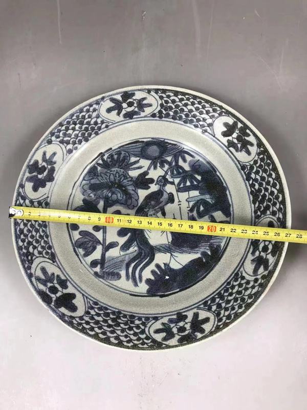 古玩陶瓷明代鳳凰牡丹紋青花大盤拍賣,當前價格3000元