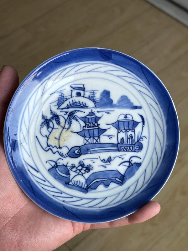 古玩陶瓷樓臺亭閣山水紋青花盤一對拍賣,當前價格1280元