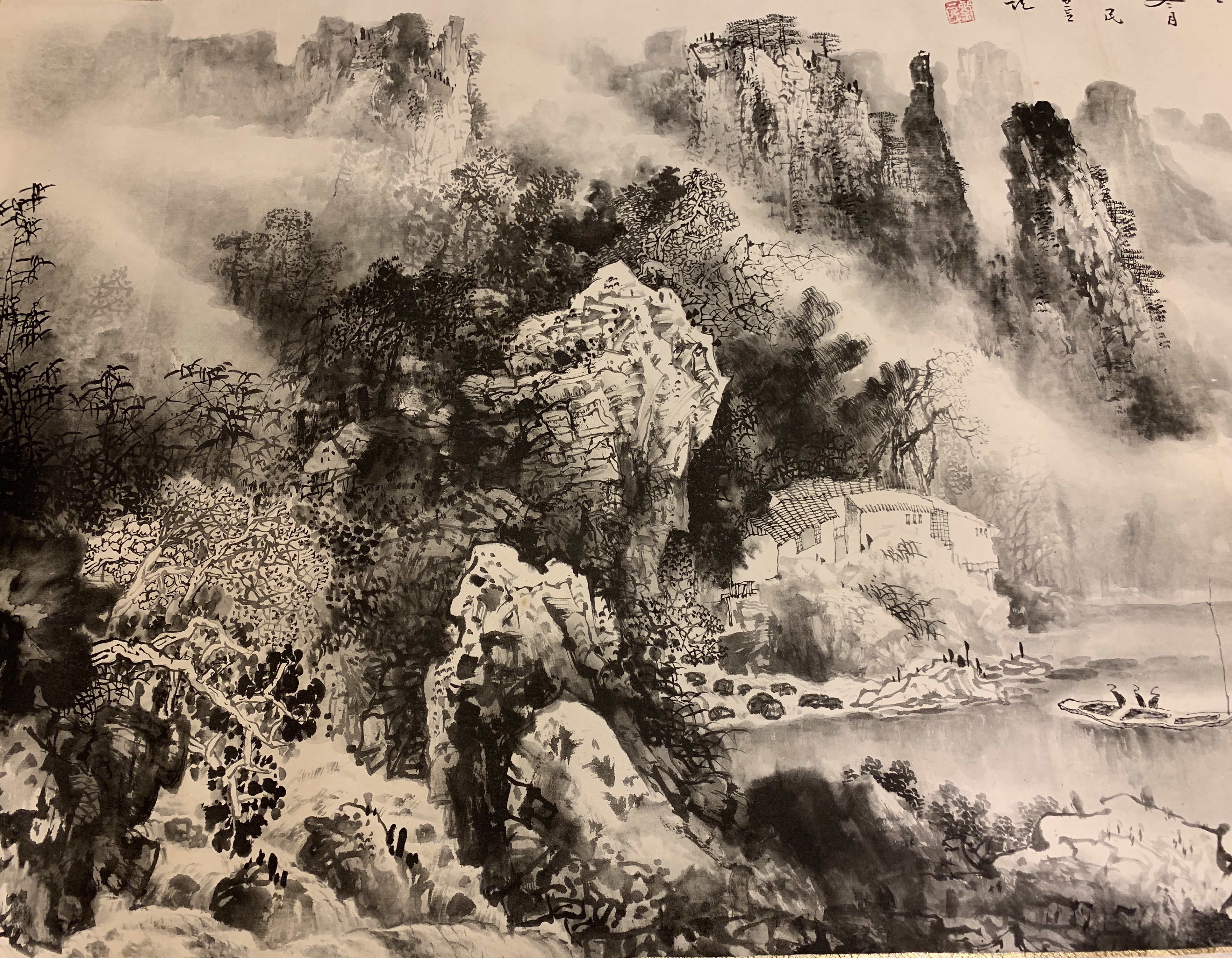 屏風屋】湘雲銘 水墨山水図 小屏風 高さ 約91cm 四曲半双 絹本