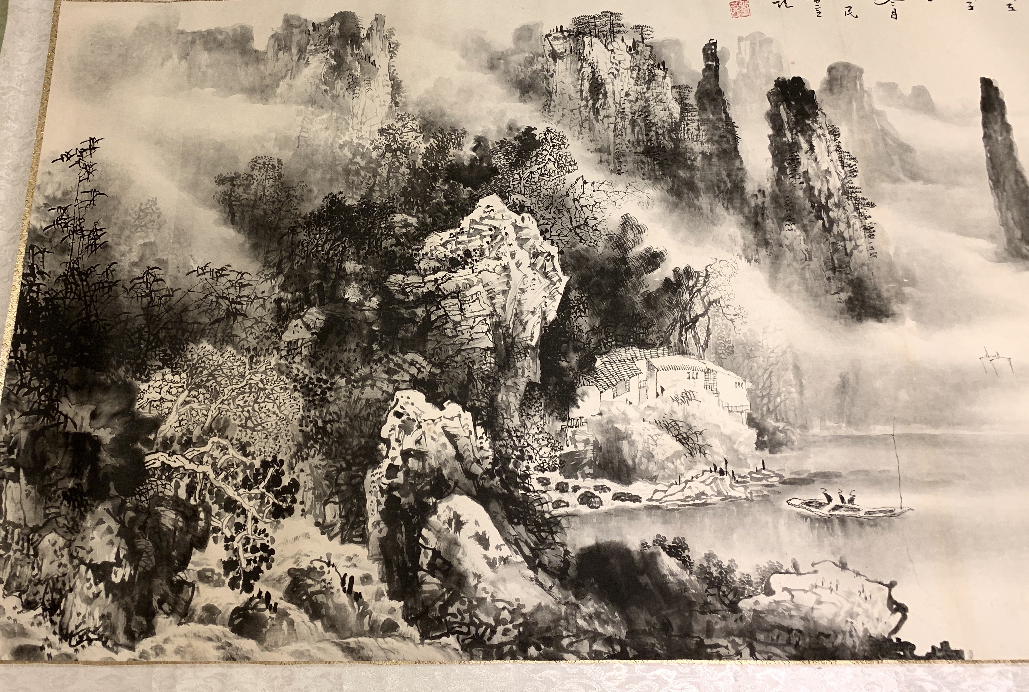 柳下山水楼閣水墨画-