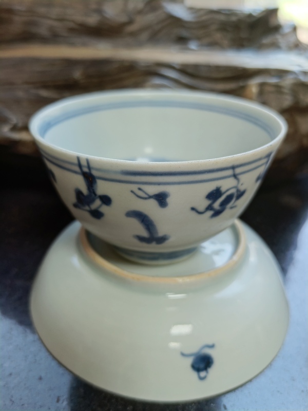 古玩陶瓷清早期青花魚藻紋杯、青花雜寶紋盤一對拍賣，當前價格3888元