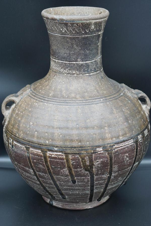古玩陶瓷漢代原始青瓷弦紋雙耳壺拍賣，當前價格13800元