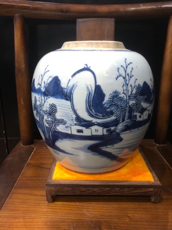 （传世精品）清-雍正-青花山水风景人物罐拍卖，当前价格2312元