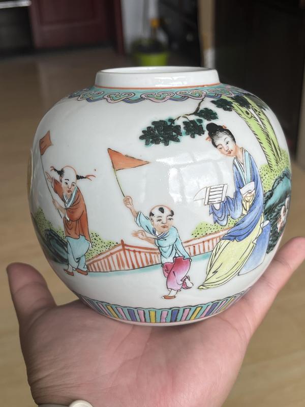 古玩陶瓷三娘教子圖粉彩罐拍賣,當前價格1200元