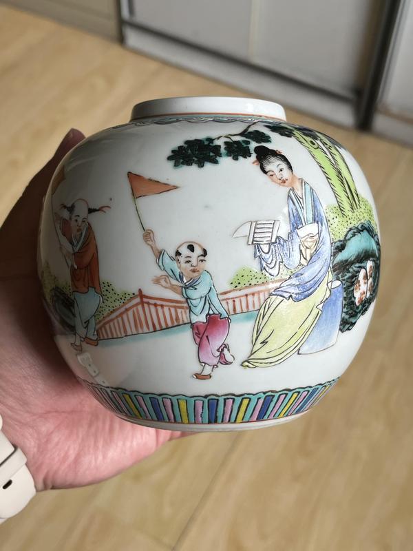 古玩陶瓷三娘教子圖粉彩罐拍賣,當前價格1200元