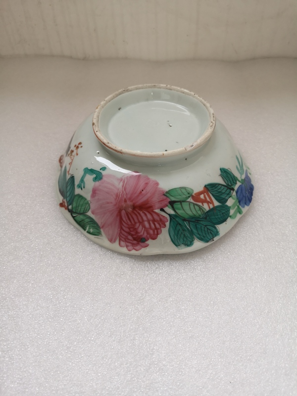 古玩陶瓷粉彩花鳥詩紋海棠口碗拍賣,當前價格298元