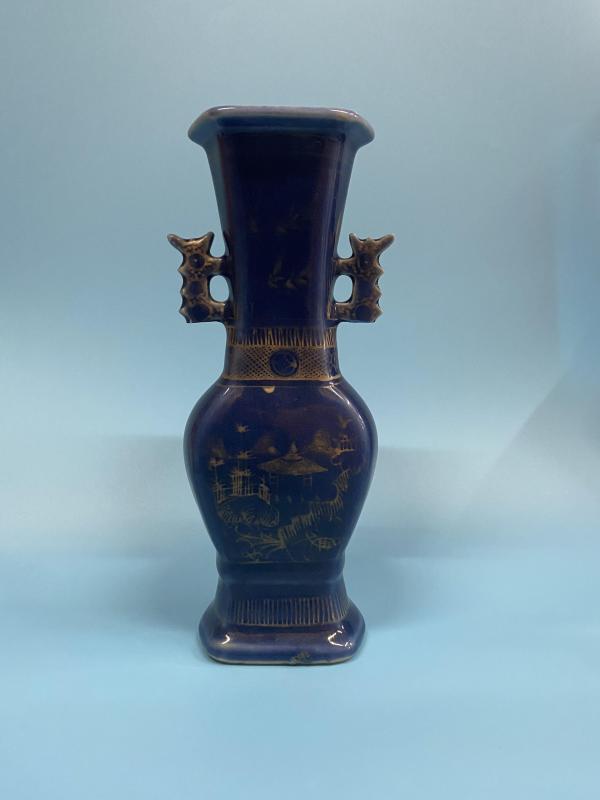古玩陶瓷清乾隆蓝釉描金山水诗文赏瓶拍卖，当前价格8400元