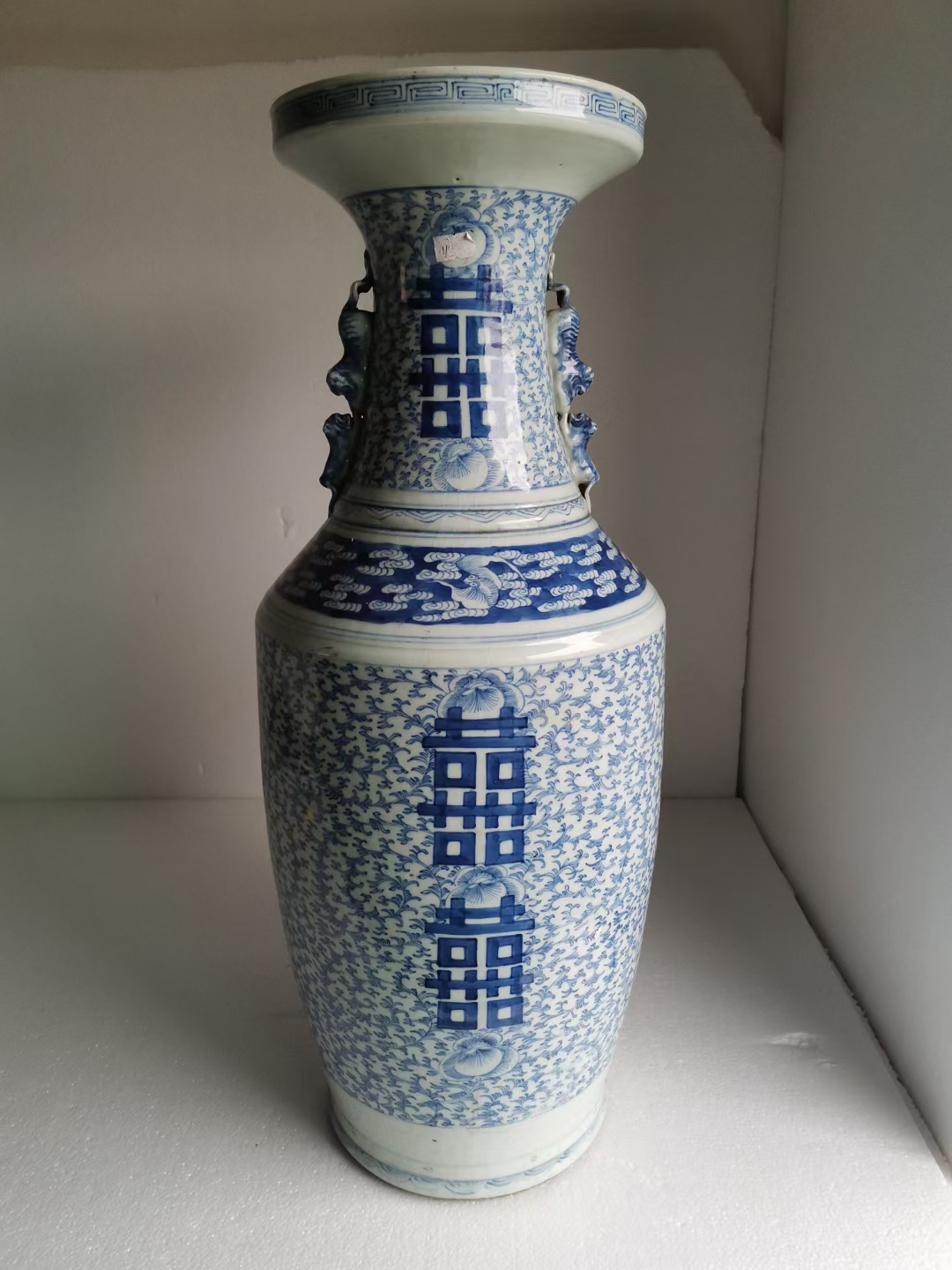 中国　青花　花瓶文　双耳盤口瓶　高さ約58.5cm　M　R6129F