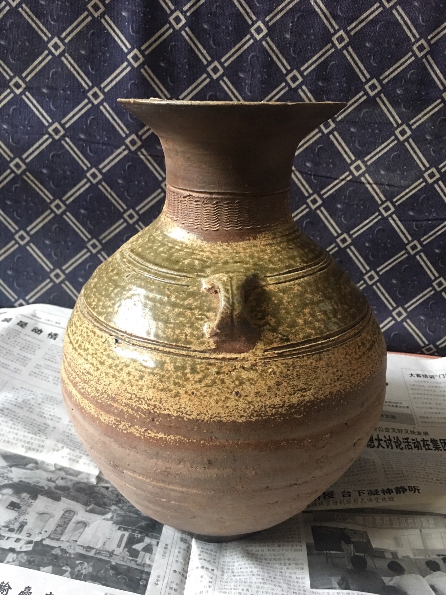 中国古玩　原始瓷器　古陶器　双耳壺　漢自然釉　灰釉