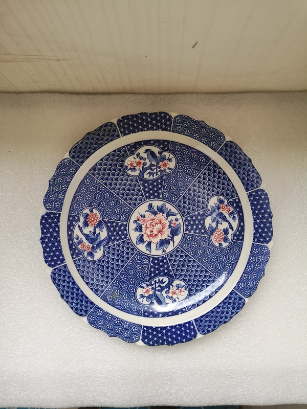 古玩陶瓷青花加彩開光花鳥紋花口盤拍賣,當前價格345元