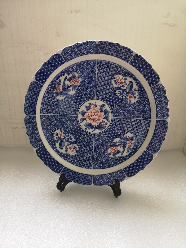古玩陶瓷青花加彩開光花鳥紋花口盤拍賣,當前價格345元