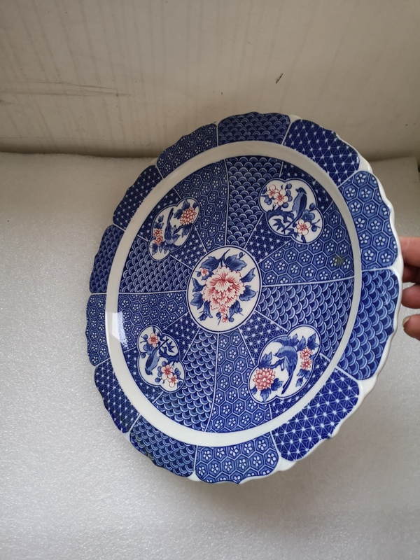 古玩陶瓷青花加彩開光花鳥紋花口盤拍賣,當前價格345元