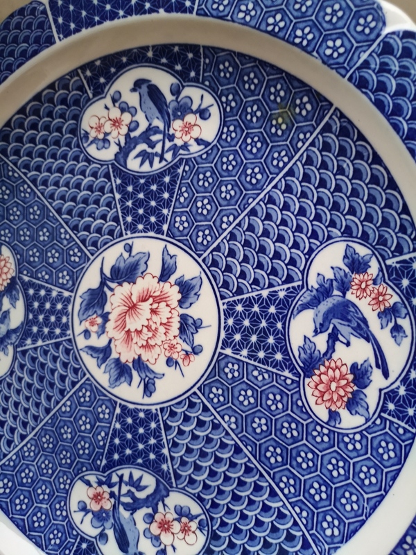 古玩陶瓷青花加彩開光花鳥紋花口盤拍賣,當前價格345元