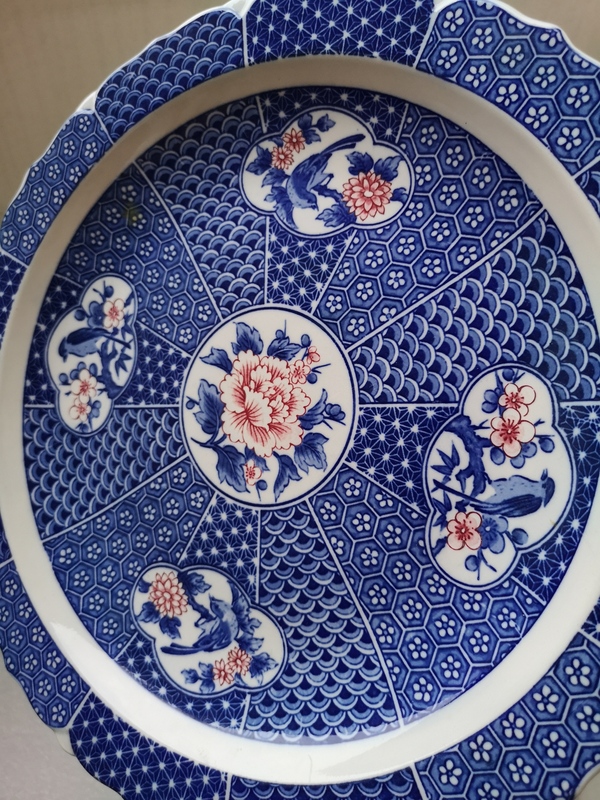 古玩陶瓷青花加彩開光花鳥紋花口盤拍賣,當前價格345元