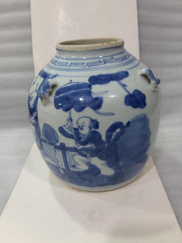 古玩陶瓷青花庭院嬰戲紋四系蓋壺拍賣,當前價格5880元