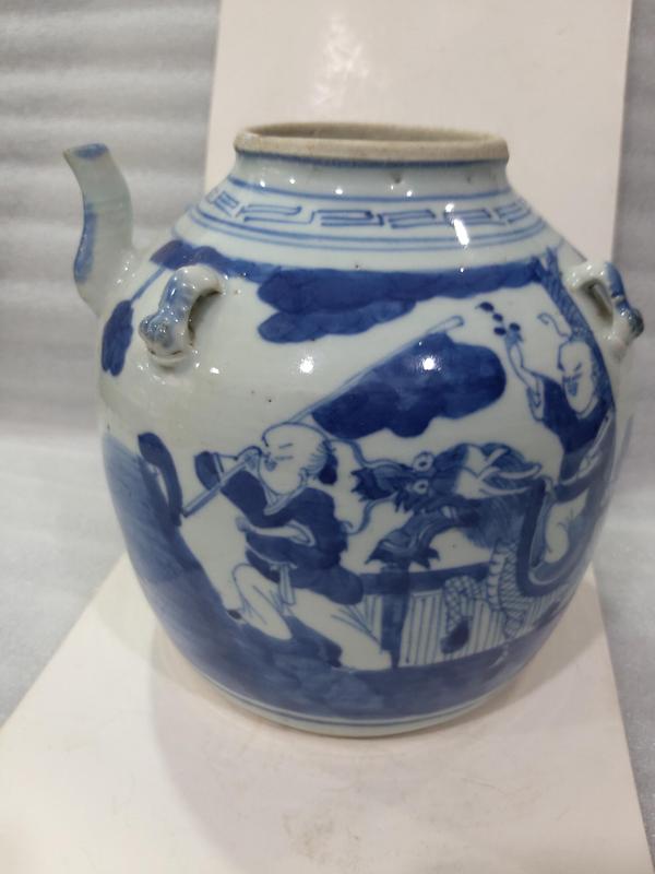 古玩陶瓷青花庭院嬰戲紋四系蓋壺拍賣,當前價格5880元