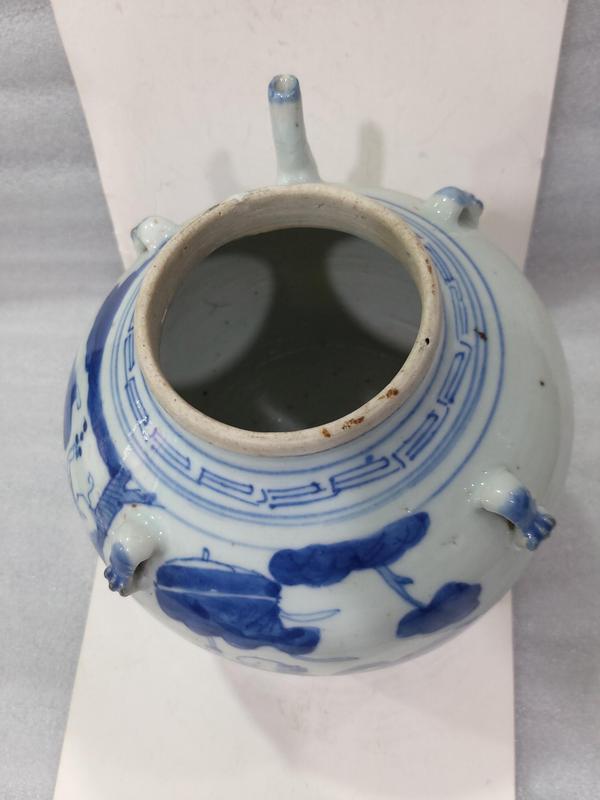 古玩陶瓷青花庭院嬰戲紋四系蓋壺拍賣,當前價格5880元