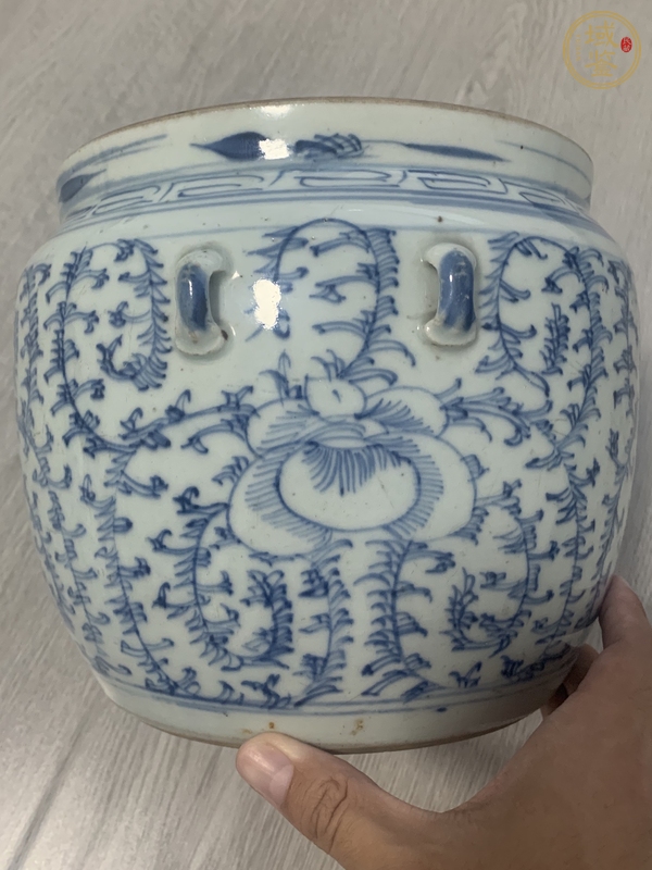 古玩陶瓷道光青花纏枝花卉紋四系粥罐真品鑒賞圖