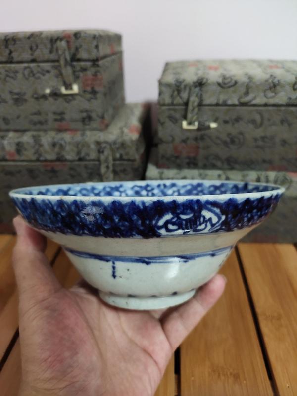 古玩陶瓷清康熙-青花锦地八宝纹折腰碗拍卖，当前价格366元