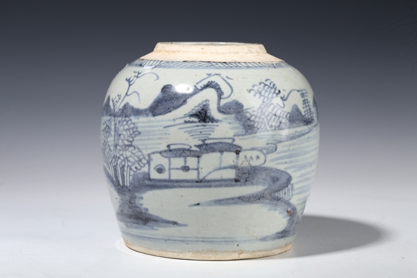 古玩陶瓷清中·青花山水風(fēng)景紋罐拍賣，當(dāng)前價(jià)格2600元