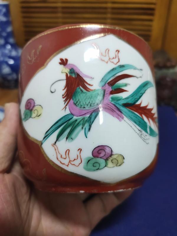 古玩陶瓷民国-油红地粉彩龙凤纹筒式炉拍卖，当前价格299元