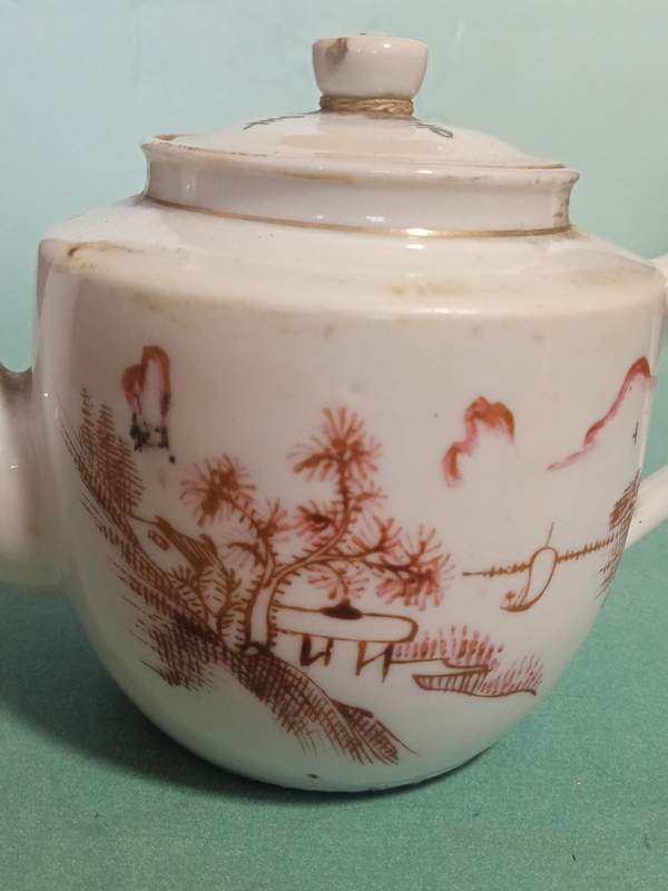 古玩陶瓷礬紅彩山水人物紋茶壺拍賣,當前價格399元