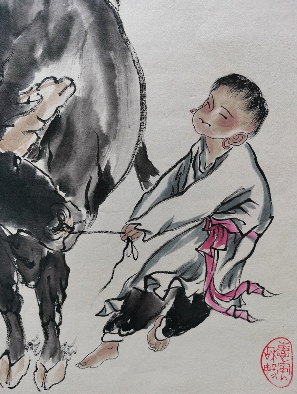 古玩字画已故两位川蜀大师吕君柏、周仁辉合作 童子牵牛图拍卖，当前价格399元