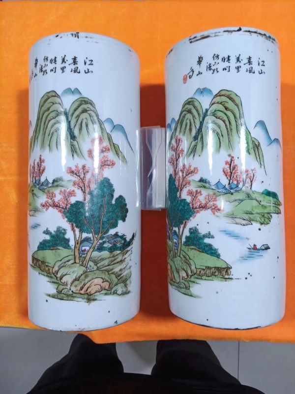 古玩陶瓷民國粉彩山水帽筒拍賣,當前價格2280元