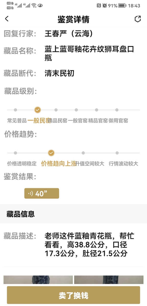 古玩陶瓷藍上藍哥釉花卉紋獅耳盤口瓶拍賣，當前價格980元