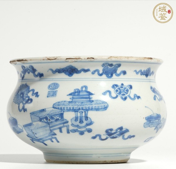 古玩陶瓷清代康熙青花博古图圈足钵式香炉真品鉴赏图