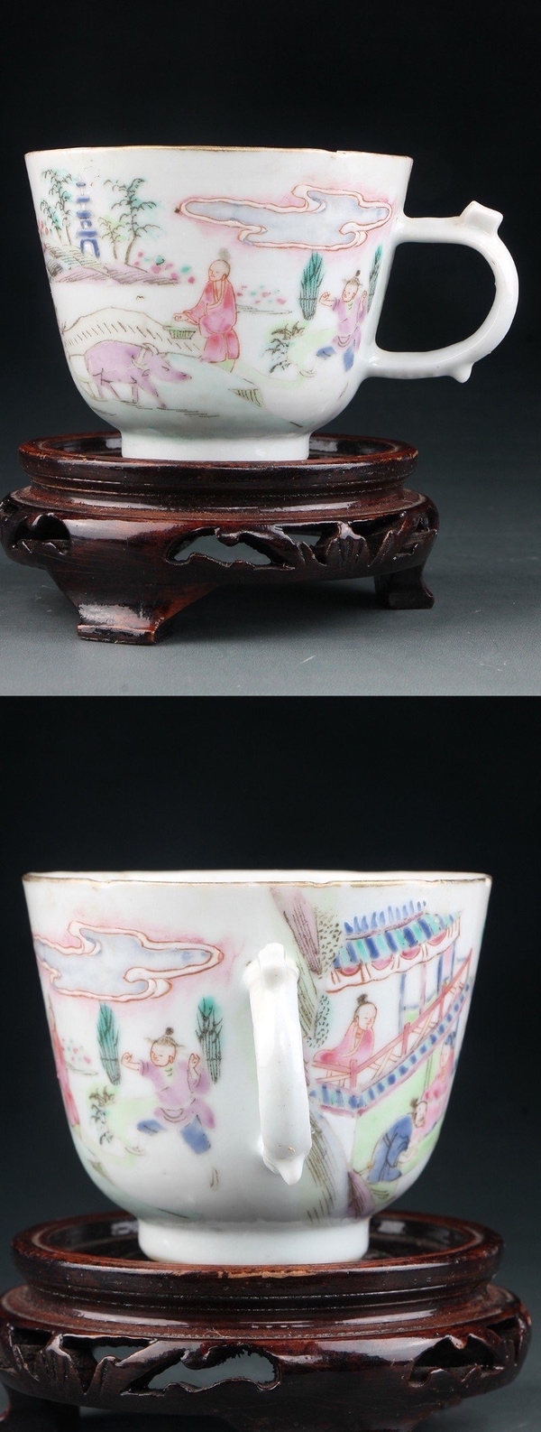 古玩陶瓷SJ-136】清雍正??粉彩通景耕作圖把杯拍賣,當前價格8000元