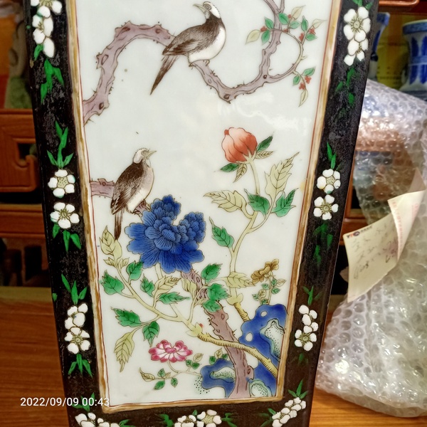 古玩陶瓷晚清雙象鼻耳花鳥紋四方彩繪瓶一對拍賣,當前價格38888元