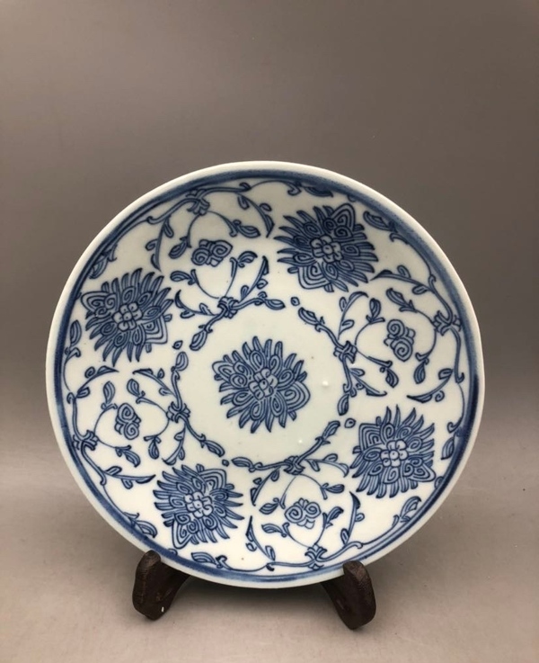 古玩陶瓷道光太陽花青花盤拍賣，當前價格680元