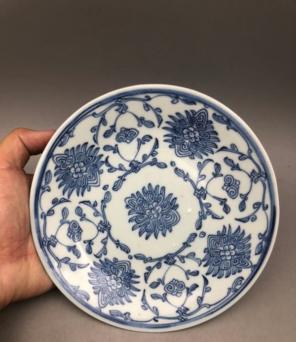 古玩陶瓷道光太陽花青花盤拍賣，當前價格680元